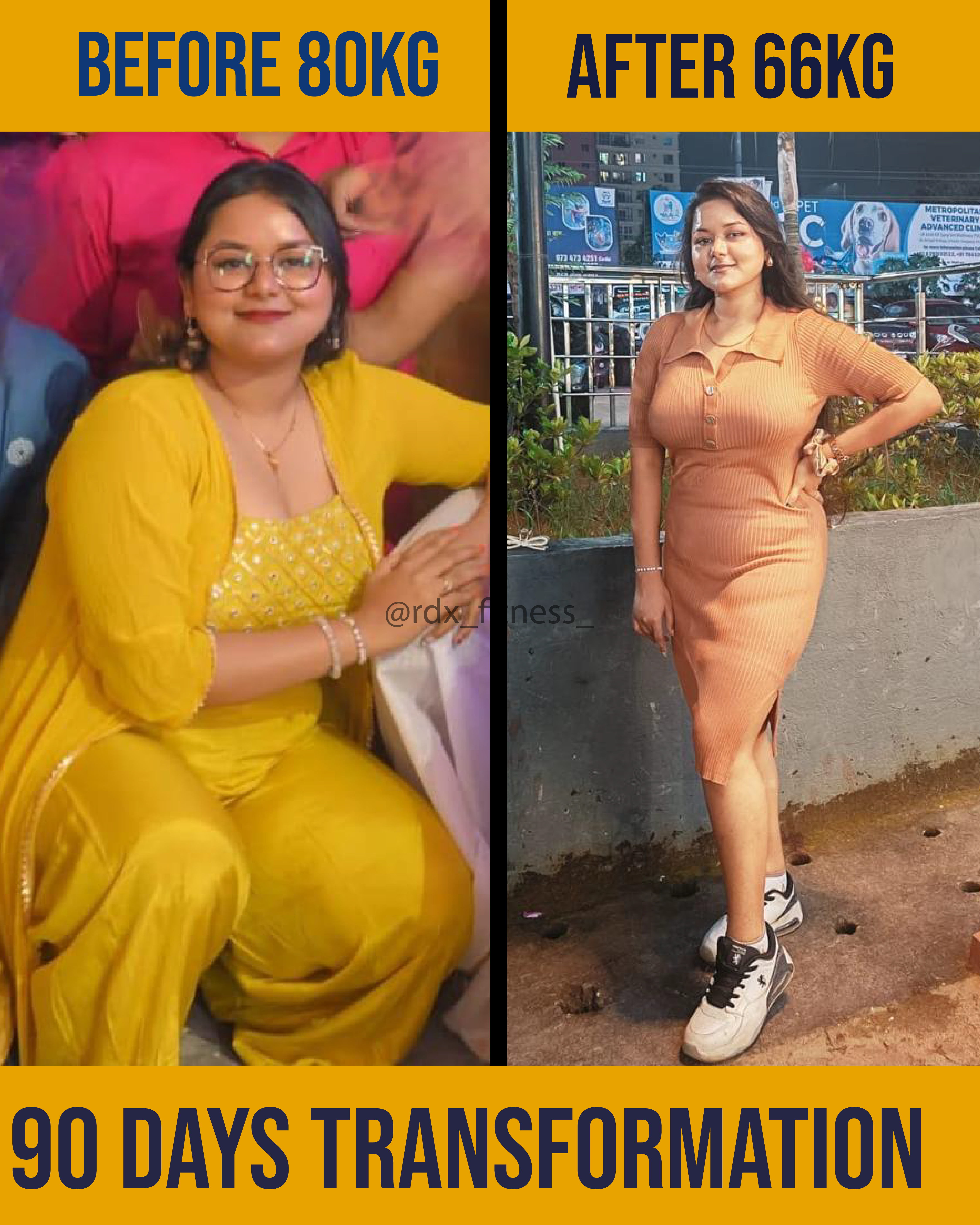 80kg → 66kg · 14kg Lost · 90 Days