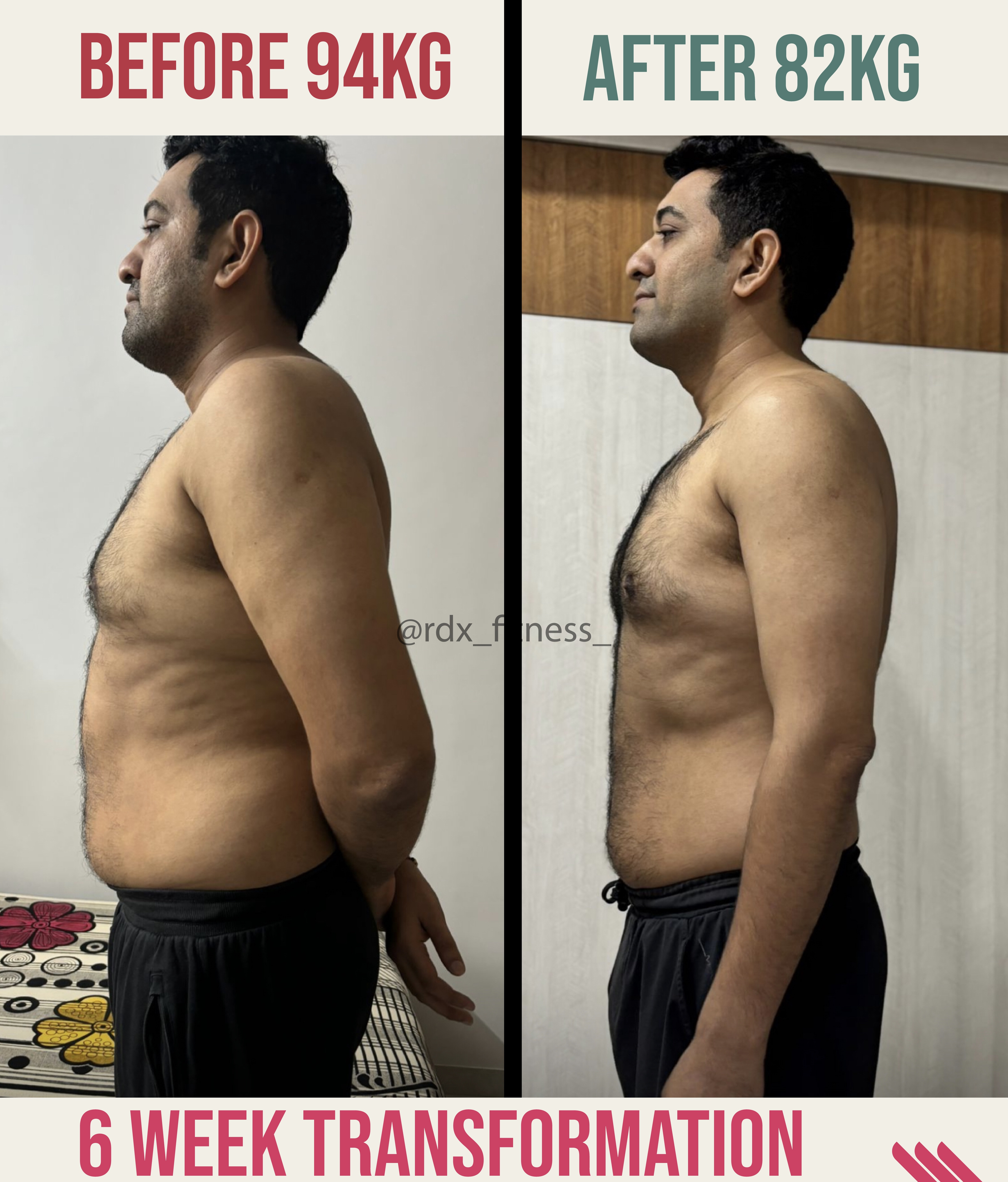 94kg → 82kg · 12kg Lost · 6 Weeks